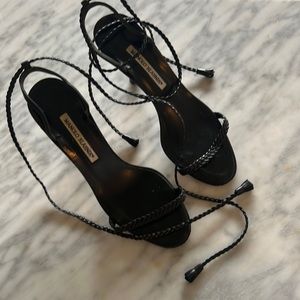 Manolo Blahnik Braided Tie Ankle Strappy Leather Heel